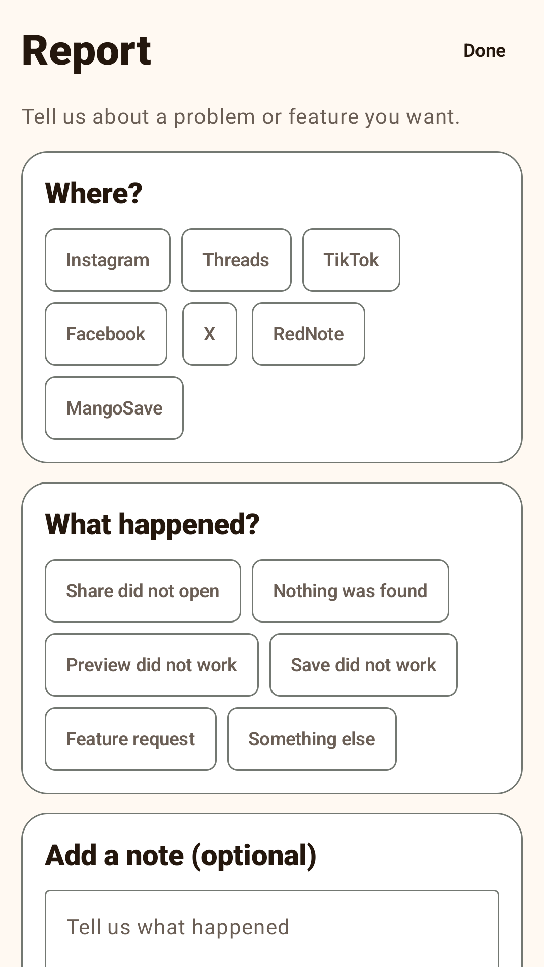 MangoSave problem report screen